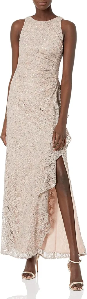 Alex Evenings Women's Long Sleeveless Mother of The Bride Dress W/Cascade Ruffle & Front Slit (Petite and Regular Sizes)