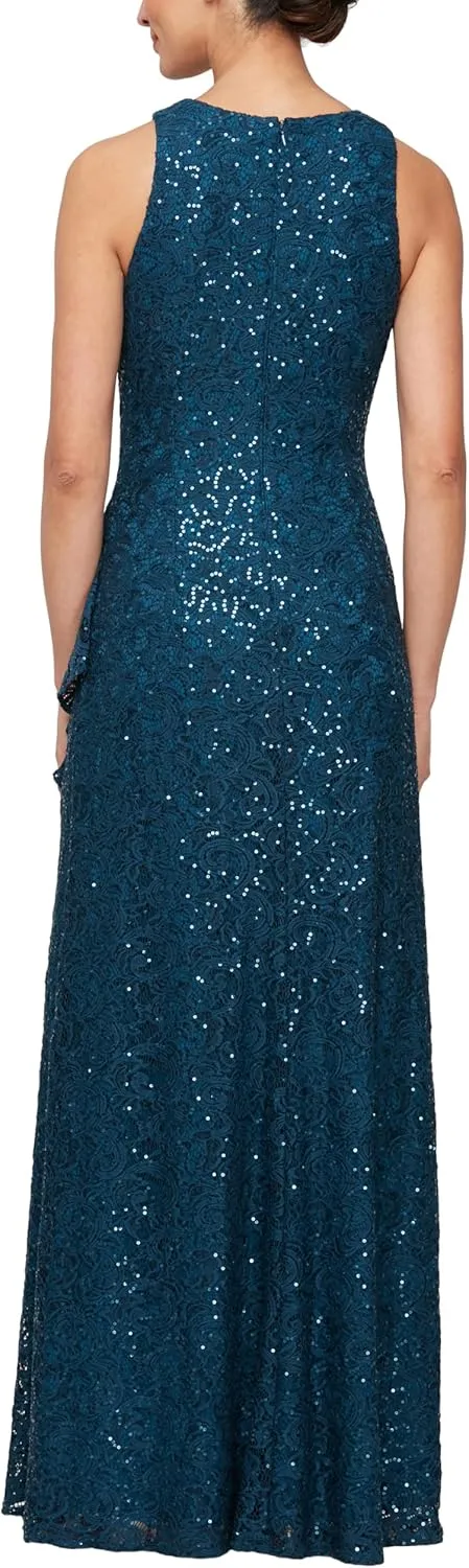 Alex Evenings Women's Long Sleeveless Mother of The Bride Dress W/Cascade Ruffle & Front Slit (Petite and Regular Sizes)