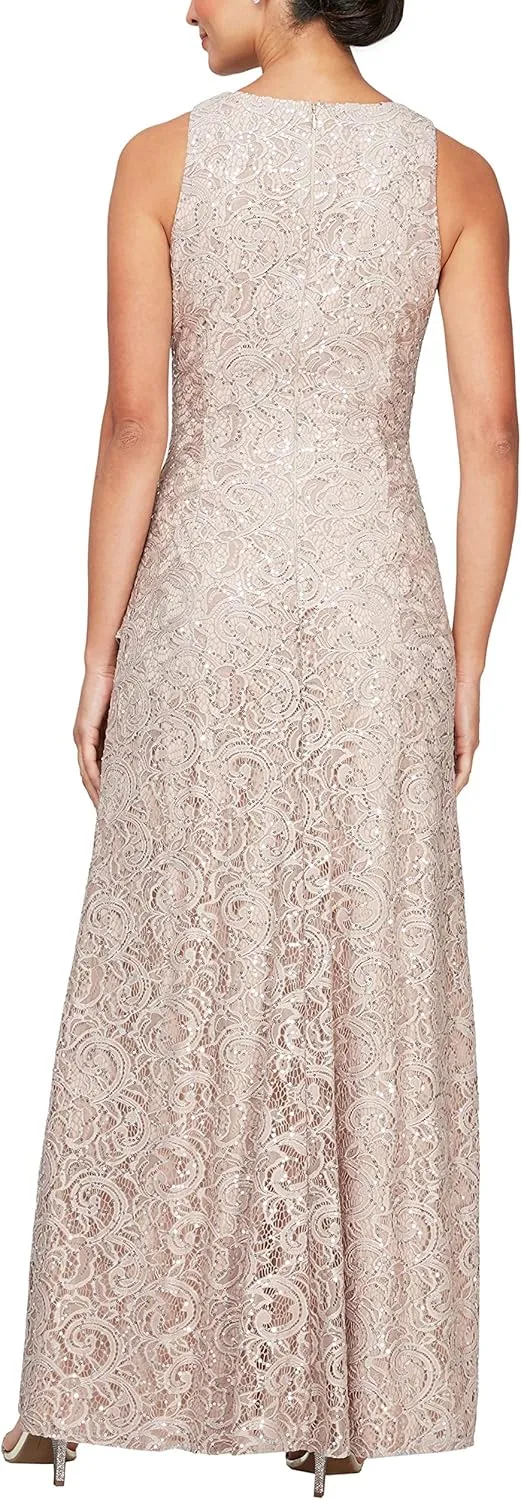 Alex Evenings Women's Long Sleeveless Mother of The Bride Dress W/Cascade Ruffle & Front Slit (Petite and Regular Sizes)