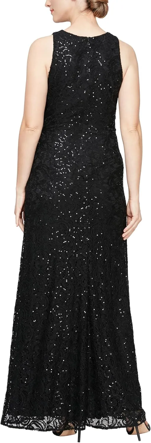 Alex Evenings Women's Long Sleeveless Mother of The Bride Dress W/Cascade Ruffle & Front Slit (Petite and Regular Sizes)