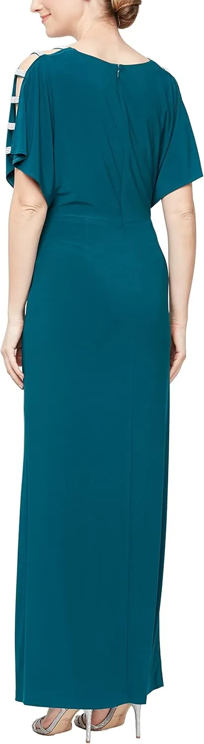 Alex Evenings Women's Long V-Neck Knot Front Wedding Guest Dress with Cold Shoulder Sleeves (Petite and Regular Sizes)
