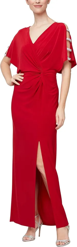 Alex Evenings Women's Long V-Neck Knot Front Wedding Guest Dress with Cold Shoulder Sleeves (Petite and Regular Sizes)