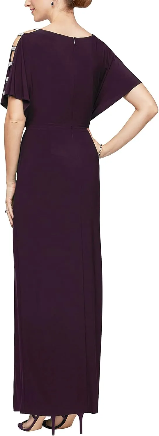 Alex Evenings Women's Long V-Neck Knot Front Wedding Guest Dress with Cold Shoulder Sleeves (Petite and Regular Sizes)