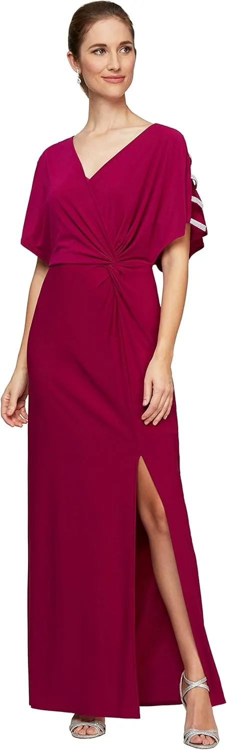 Alex Evenings Women's Long V-Neck Knot Front Wedding Guest Dress with Cold Shoulder Sleeves (Petite and Regular Sizes)