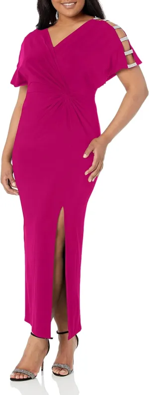 Alex Evenings Women's Long V-Neck Knot Front Wedding Guest Dress with Cold Shoulder Sleeves (Petite and Regular Sizes)