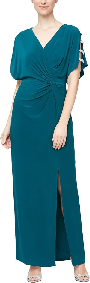 Alex Evenings Women's Long V-Neck Knot Front Wedding Guest Dress with Cold Shoulder Sleeves (Petite and Regular Sizes)