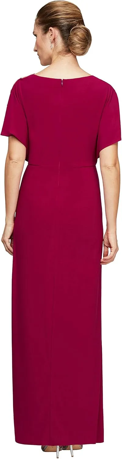 Alex Evenings Women's Long V-Neck Knot Front Wedding Guest Dress with Cold Shoulder Sleeves (Petite and Regular Sizes)