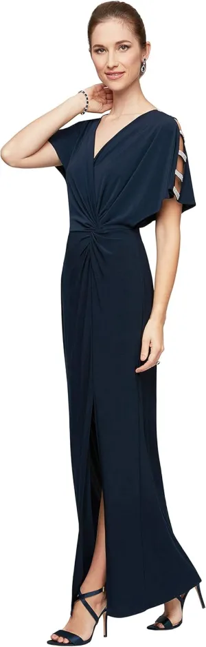 Alex Evenings Women's Long V-Neck Knot Front Wedding Guest Dress with Cold Shoulder Sleeves (Petite and Regular Sizes)