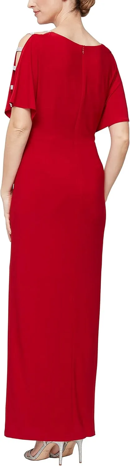 Alex Evenings Women's Long V-Neck Knot Front Wedding Guest Dress with Cold Shoulder Sleeves (Petite and Regular Sizes)