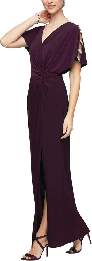 Alex Evenings Women's Long V-Neck Knot Front Wedding Guest Dress with Cold Shoulder Sleeves (Petite and Regular Sizes)