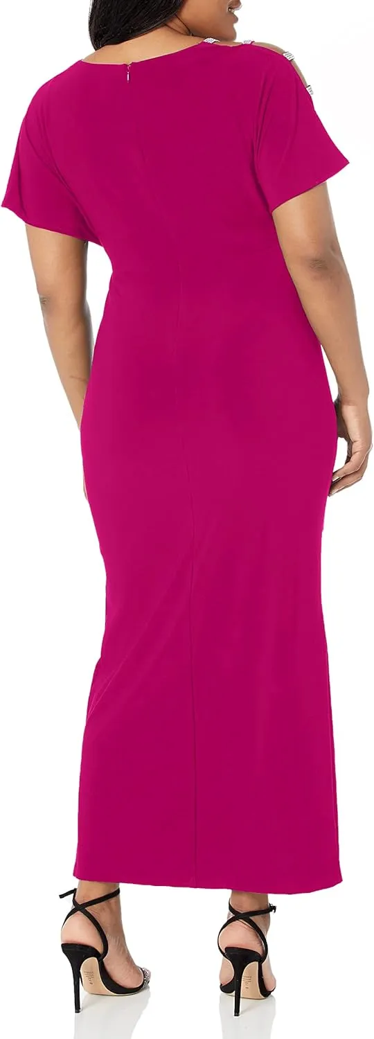 Alex Evenings Women's Long V-Neck Knot Front Wedding Guest Dress with Cold Shoulder Sleeves (Petite and Regular Sizes)