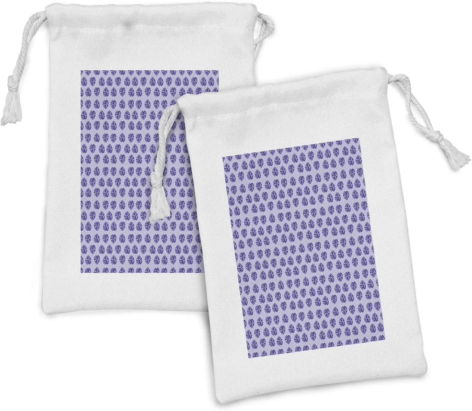 Ambesonne Blue Fabric Pouch Set of 2, Tropical Illustration Natural Floral Exotic Botany Repetitive Monstera Leaves Images, Small Drawstring Bag for Toiletries Masks and Favors, 9" x 6", Quartz Mauve