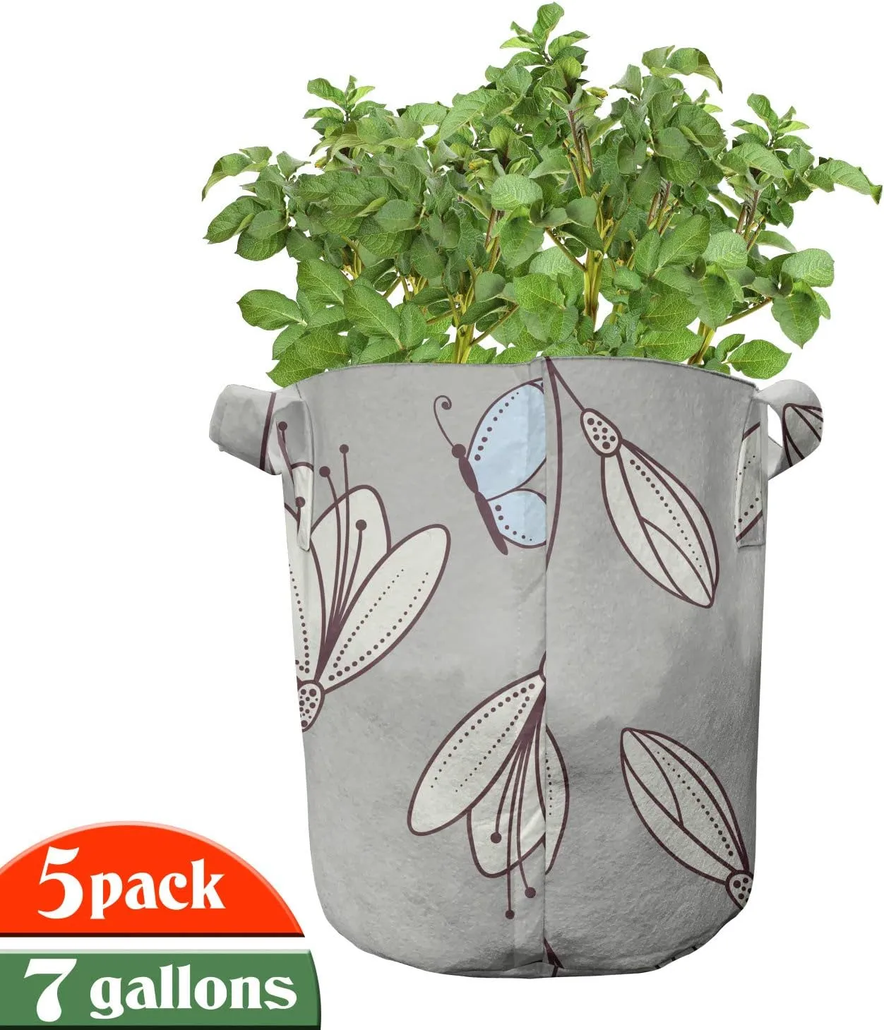 Ambesonne Butterfly Grow Bags 5-Pack, Leaves Flourish Moths, Heavyduty Fabric Pots with Handles for Plants, Dust and Dark Maroon