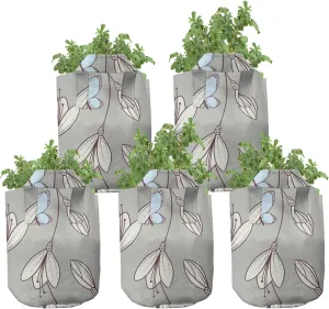 Ambesonne Butterfly Grow Bags 5-Pack, Leaves Flourish Moths, Heavyduty Fabric Pots with Handles for Plants, Dust and Dark Maroon
