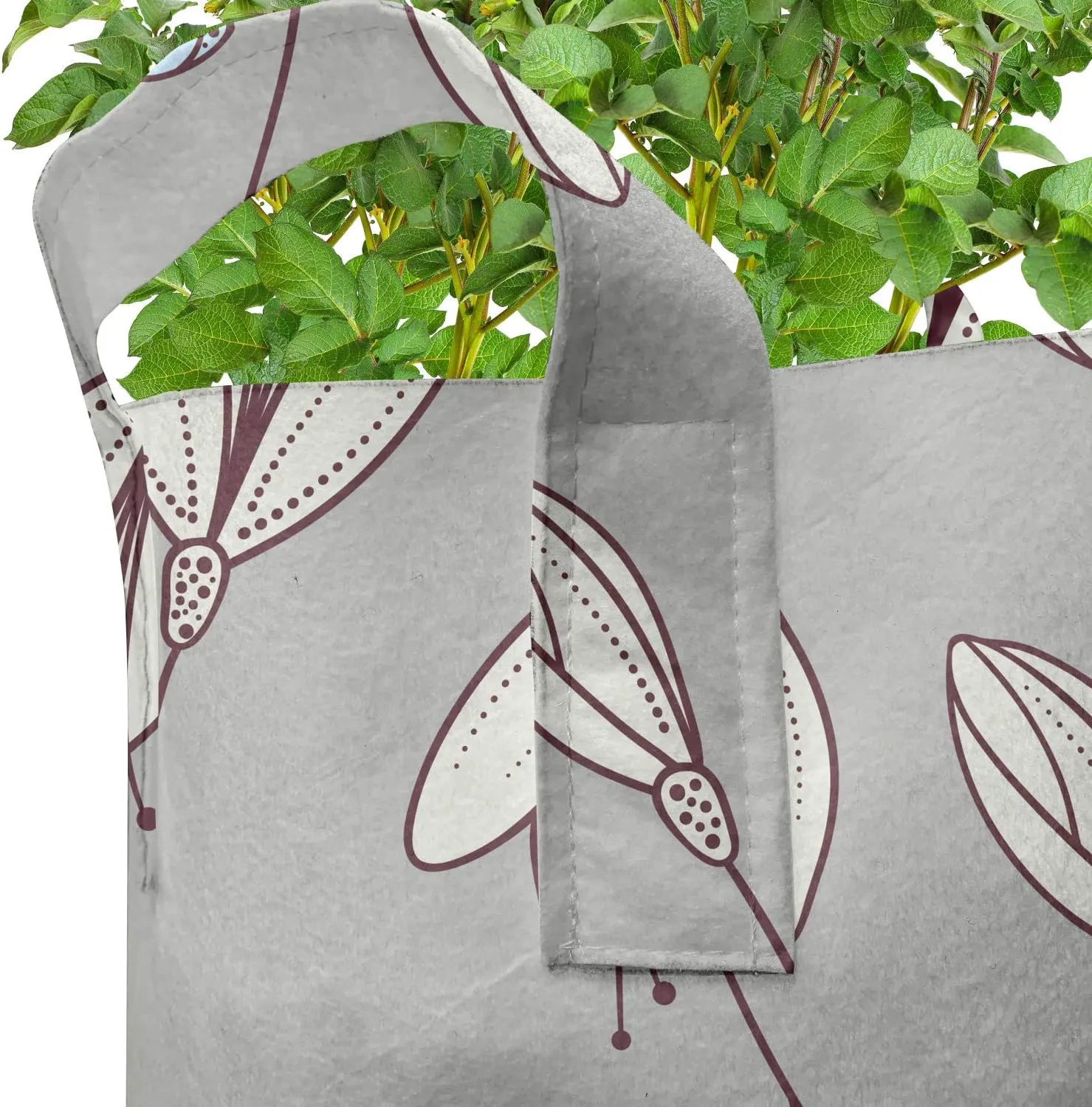 Ambesonne Butterfly Grow Bags 5-Pack, Leaves Flourish Moths, Heavyduty Fabric Pots with Handles for Plants, Dust and Dark Maroon