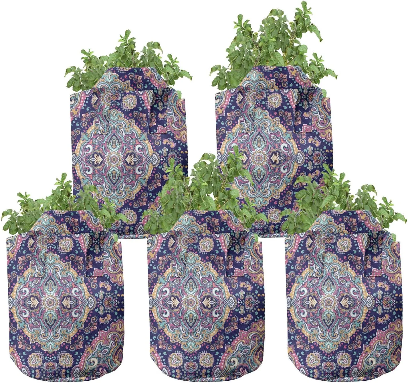 Ambesonne Corn Grow Bags 5-Pack, Organic Vegetable Stalks, Heavyduty Fabric Pots with Handles for Plants, Green Yellow