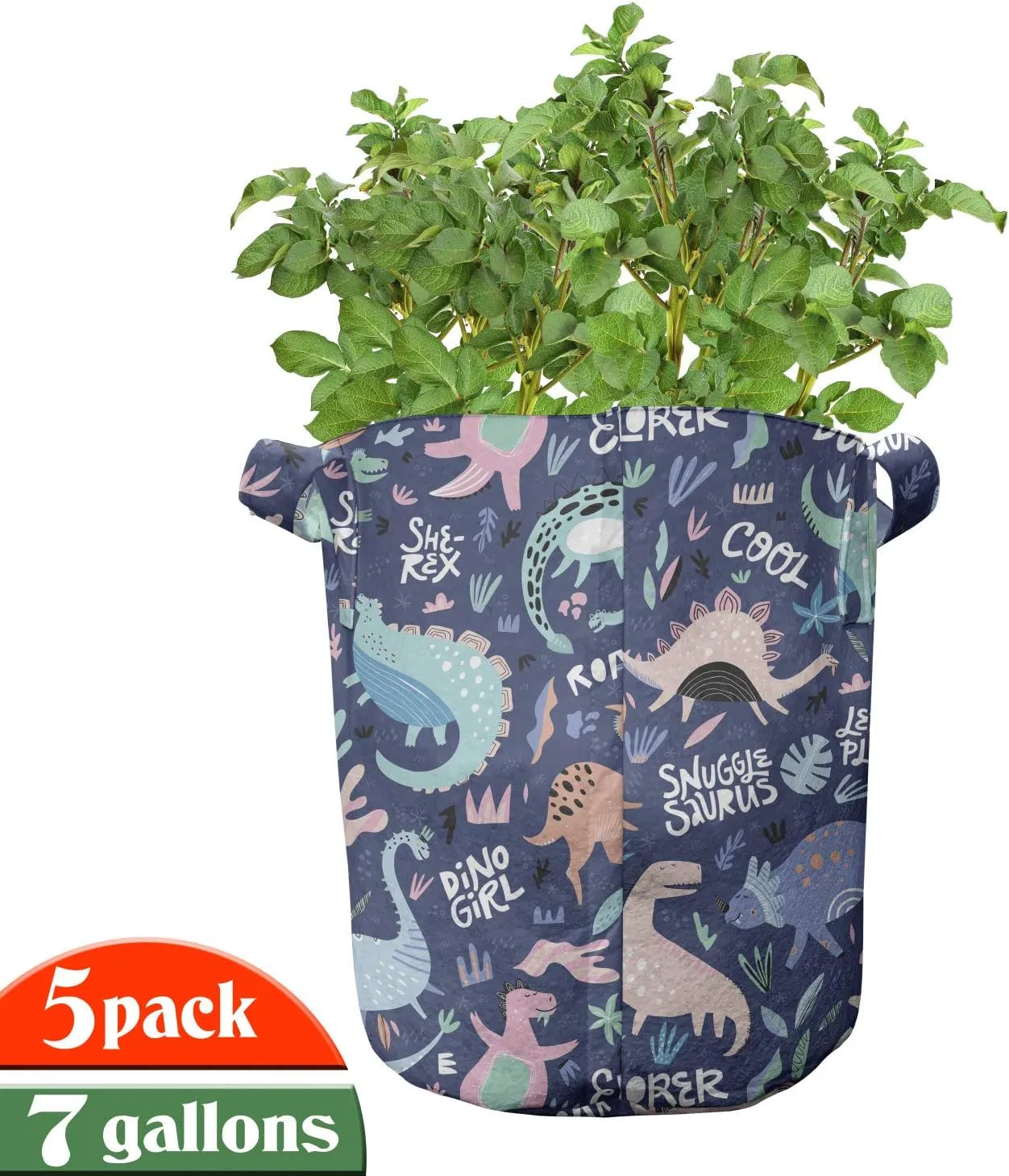 Ambesonne Dinosaur Grow Bags 5-Pack, Cartoon Extinct Animals, Heavyduty Fabric Pots with Handles for Plants, Dark Indigo and Multicolor