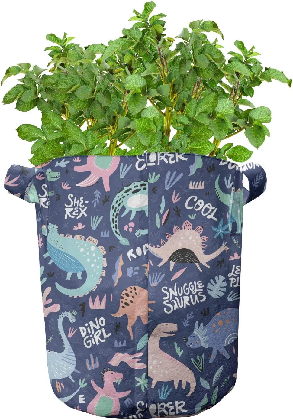 Ambesonne Dinosaur Grow Bags 5-Pack, Cartoon Extinct Animals, Heavyduty Fabric Pots with Handles for Plants, Dark Indigo and Multicolor