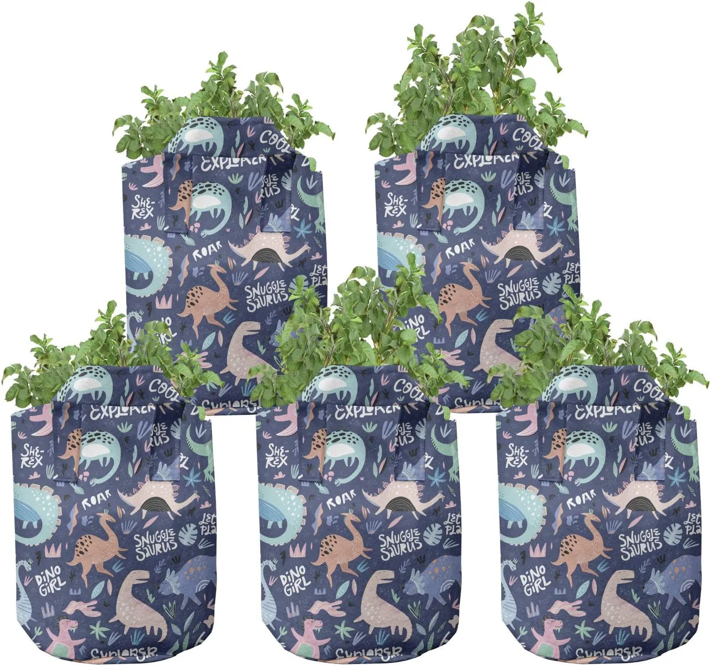 Ambesonne Dinosaur Grow Bags 5-Pack, Cartoon Extinct Animals, Heavyduty Fabric Pots with Handles for Plants, Dark Indigo and Multicolor