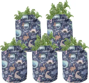 Ambesonne Dinosaur Grow Bags 5-Pack, Cartoon Extinct Animals, Heavyduty Fabric Pots with Handles for Plants, Dark Indigo and Multicolor