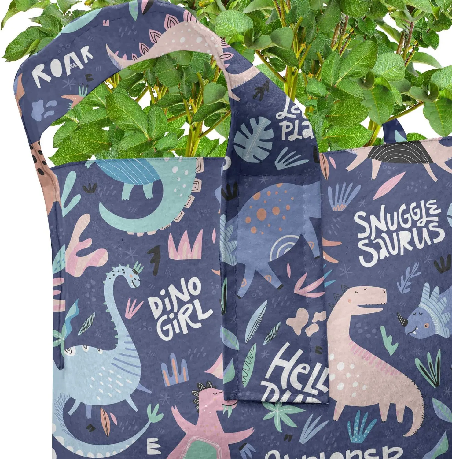 Ambesonne Dinosaur Grow Bags 5-Pack, Cartoon Extinct Animals, Heavyduty Fabric Pots with Handles for Plants, Dark Indigo and Multicolor