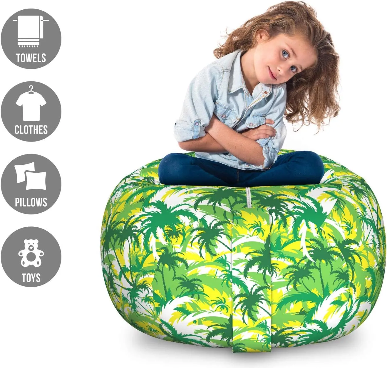 Ambesonne Exotic Storage Toy Bag Chair, Refreshing Hawaiian Palm Trees in Various Green Tones, Stuffed Animal Organizer Washable Bag, Large Size, Shamrock Green Yellow