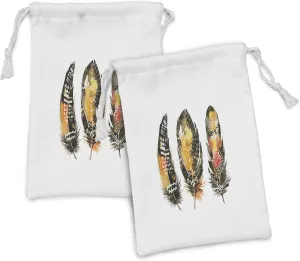 Ambesonne Feather Fabric Pouch Set of 2, Hand Drawn Bohemian Style Quills Colorful Arrangement Watercolor Effect, Small Drawstring Bag for Toiletries Masks and Favors, 9" x 6", Multicolor