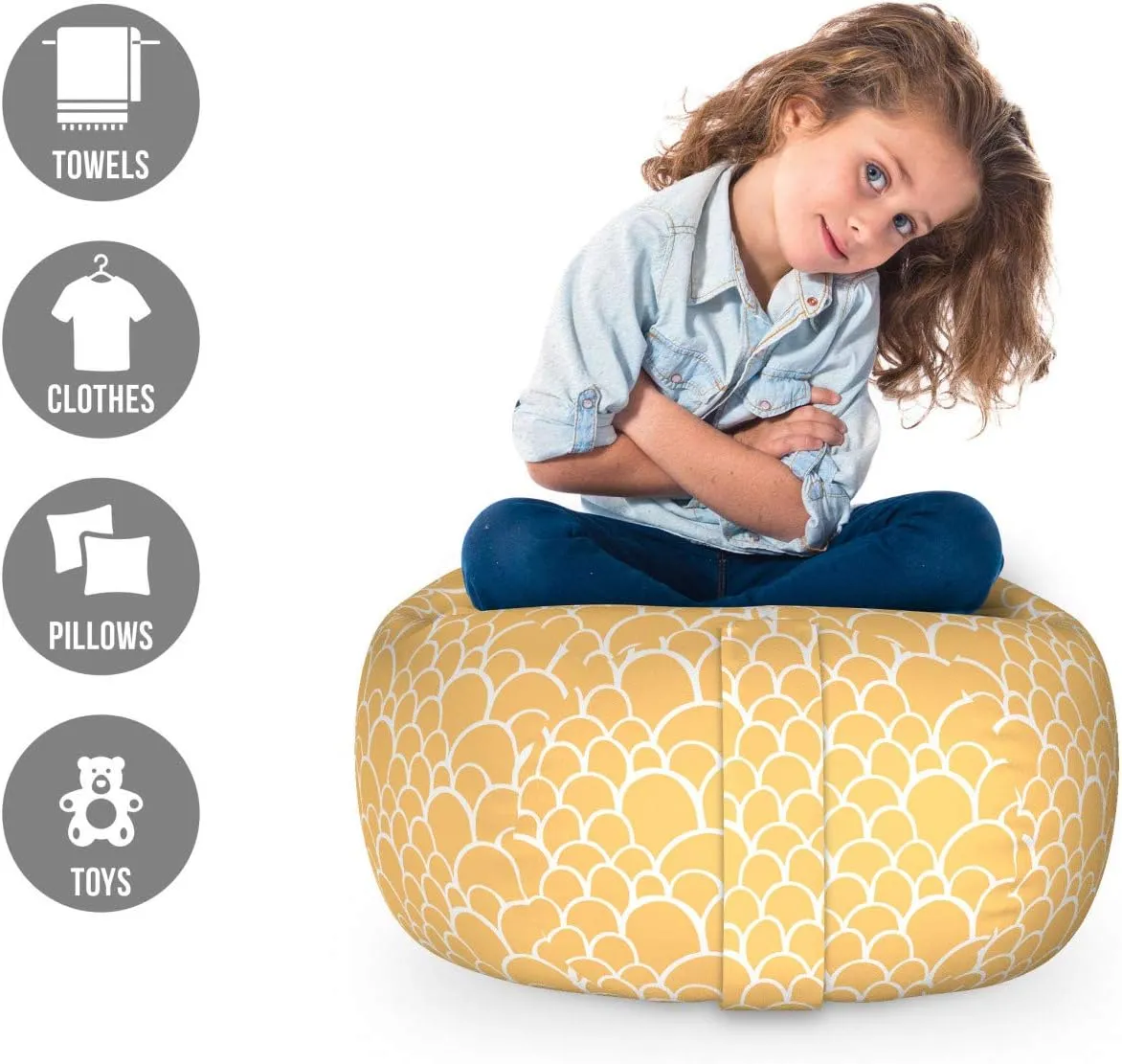 Ambesonne Fish Scale Storage Toy Bag Chair, Reptile Lizard Skin Pattern with Loops Exotic Animal Print Modern Design, Stuffed Animal Organizer Washable Bag, Small Size, Mustard and White