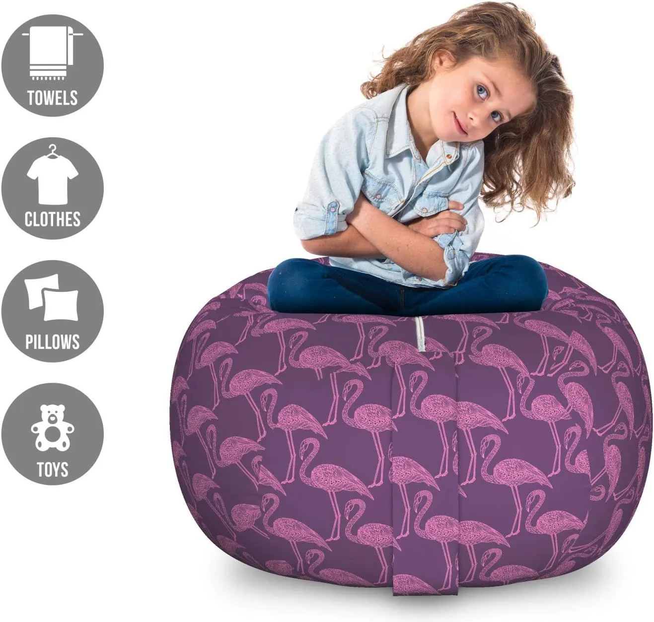 Ambesonne Flamingo Storage Toy Bag Chair, Aloha Themed Pattern with Detailed Outline Exotic Birds Repetition, Stuffed Animal Organizer Washable Bag, Large Size, Plum and Pink