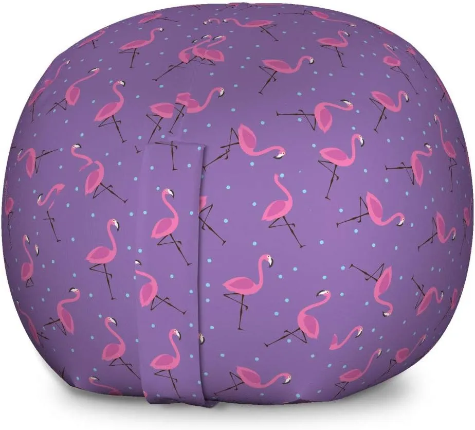 Ambesonne Flamingo Storage Toy Bag Chair, Polka Dotted Purple Background with Pink Exotic Birds Design Minimalist, Stuffed Animal Organizer Washable Bag, Large Size, Pale Blue Violet Pink