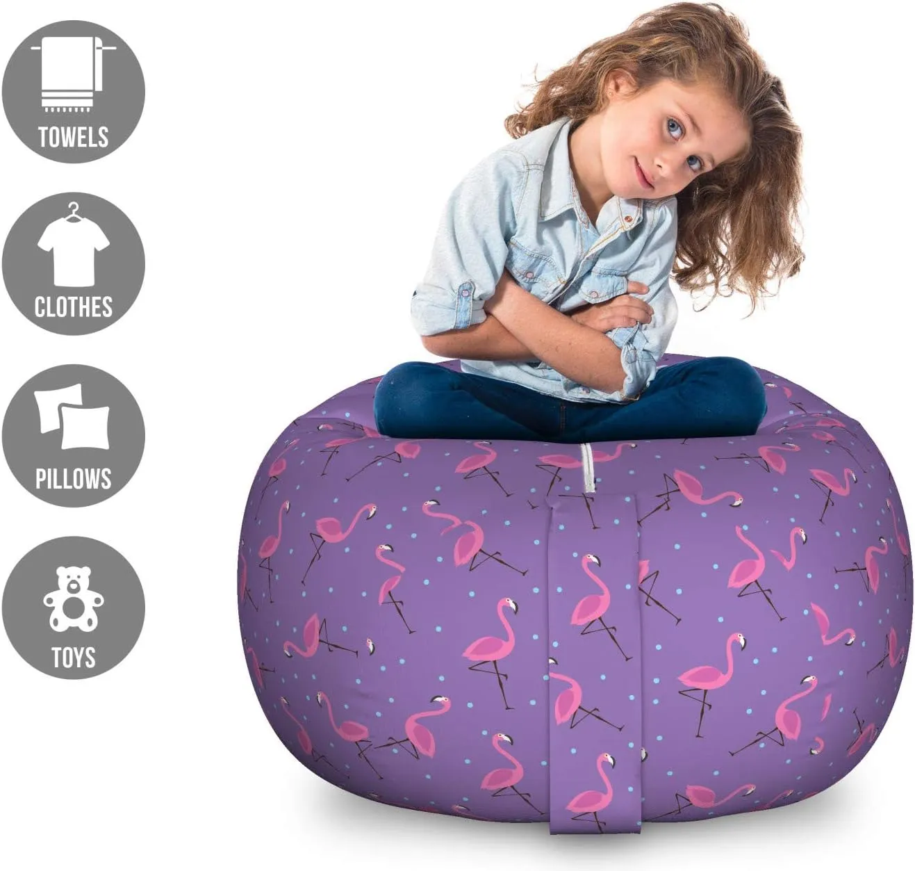 Ambesonne Flamingo Storage Toy Bag Chair, Polka Dotted Purple Background with Pink Exotic Birds Design Minimalist, Stuffed Animal Organizer Washable Bag, Large Size, Pale Blue Violet Pink