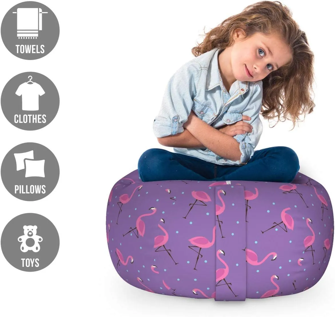 Ambesonne Flamingo Storage Toy Bag Chair, Polka Dotted Purple Background with Pink Exotic Birds Design Minimalist, Stuffed Animal Organizer Washable Bag, Small Size, Pale Blue Violet Pink