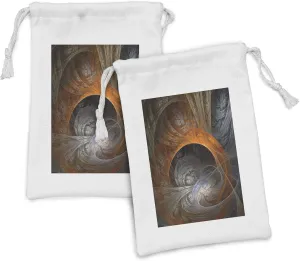 Ambesonne Fractal Fabric Pouch Set of 2, Ethereal Realm Concept Themed Fantasy Fiction Magic Illustration in Dark Tones, Small Drawstring Bag for Toiletries Masks and Favors, 9" x 6", Orange Tan