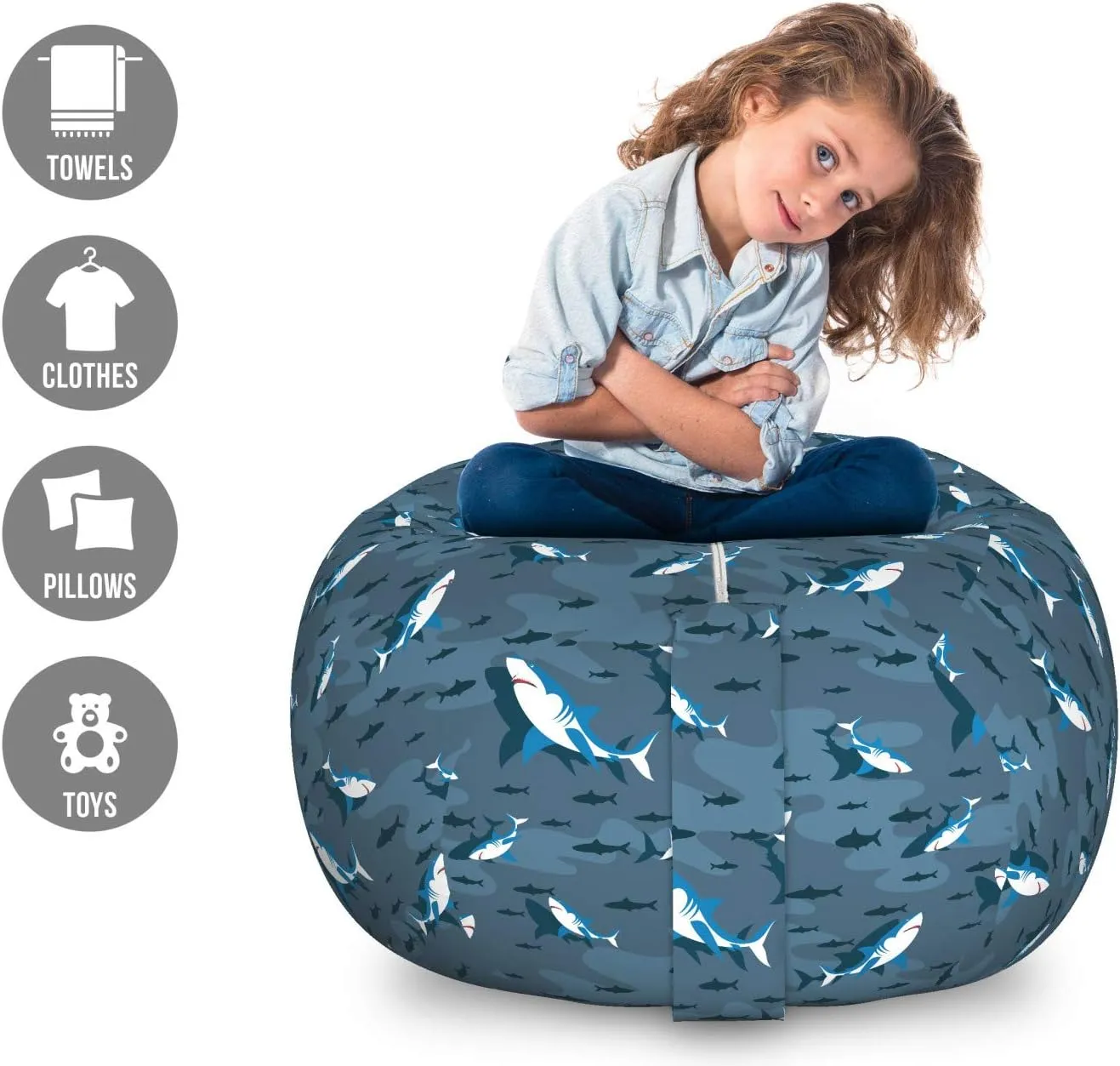 Ambesonne Nautical Storage Toy Bag Chair, Frock of Frolicking Sharks and Fish Herds Diving Wildlife Exotic Deep Sea Ocean, Stuffed Animal Organizer Washable Bag, Large Size, Blue