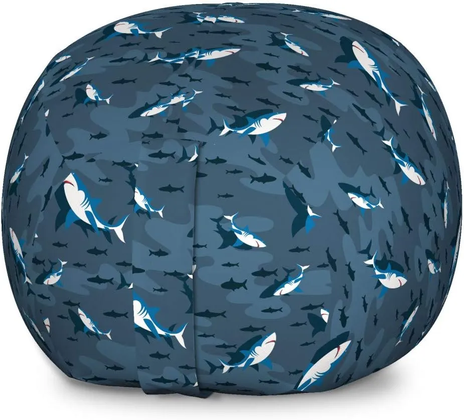 Ambesonne Nautical Storage Toy Bag Chair, Frock of Frolicking Sharks and Fish Herds Diving Wildlife Exotic Deep Sea Ocean, Stuffed Animal Organizer Washable Bag, Large Size, Blue