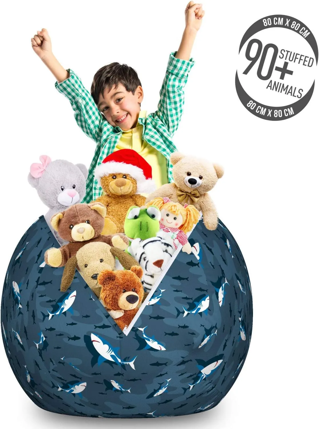 Ambesonne Nautical Storage Toy Bag Chair, Frock of Frolicking Sharks and Fish Herds Diving Wildlife Exotic Deep Sea Ocean, Stuffed Animal Organizer Washable Bag, Large Size, Blue