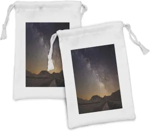Ambesonne Night Fabric Pouch Set of 2, Milky Way over Desert of Bardenas Spain Ethereal View Hills Arid Country, Small Drawstring Bag for Toiletries Masks and Favors, 9" x 6", Plum Apricot Chocolate