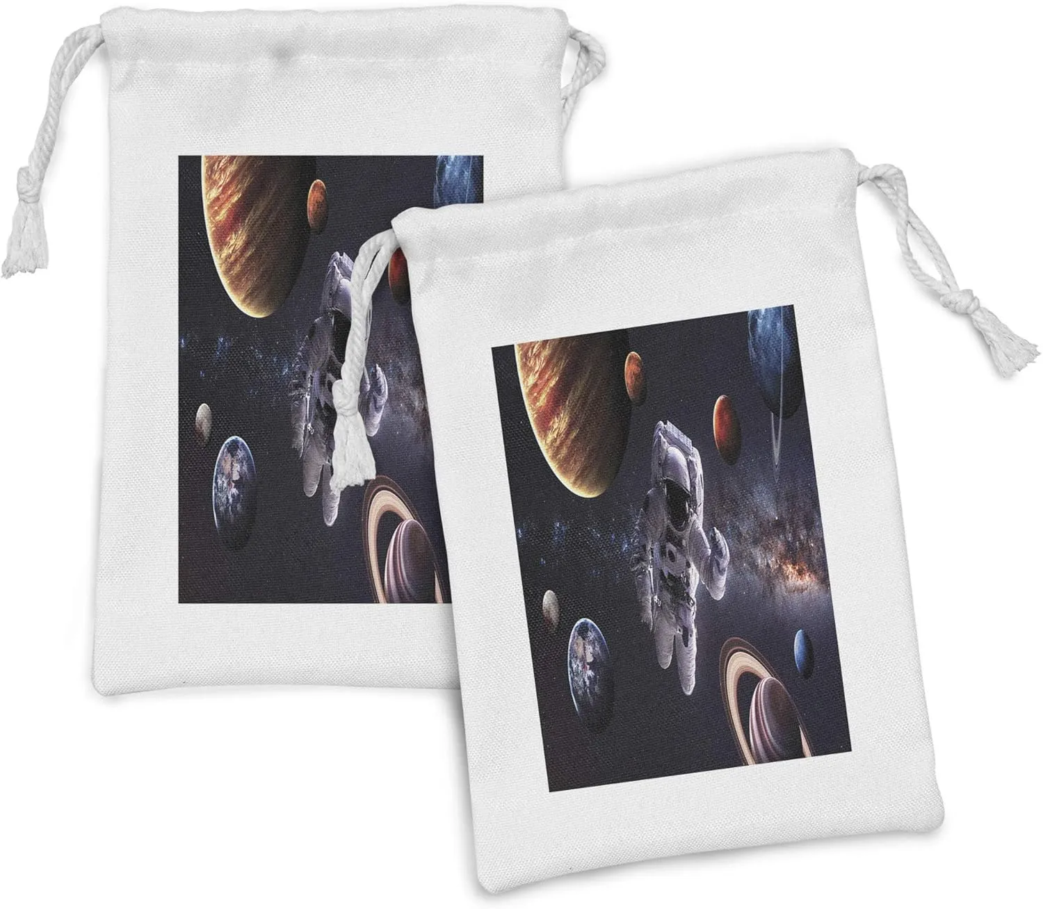 Ambesonne Outer Space Fabric Pouch Set of 2, Astronaut Between Planets Mars Neptune Jupiter Plasma Ethereal Sphere Picture, Small Drawstring Bag for Toiletries Masks and Favors, 9" x 6", Multicolor