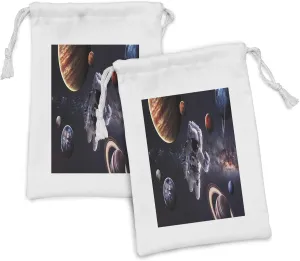 Ambesonne Outer Space Fabric Pouch Set of 2, Astronaut Between Planets Mars Neptune Jupiter Plasma Ethereal Sphere Picture, Small Drawstring Bag for Toiletries Masks and Favors, 9" x 6", Multicolor