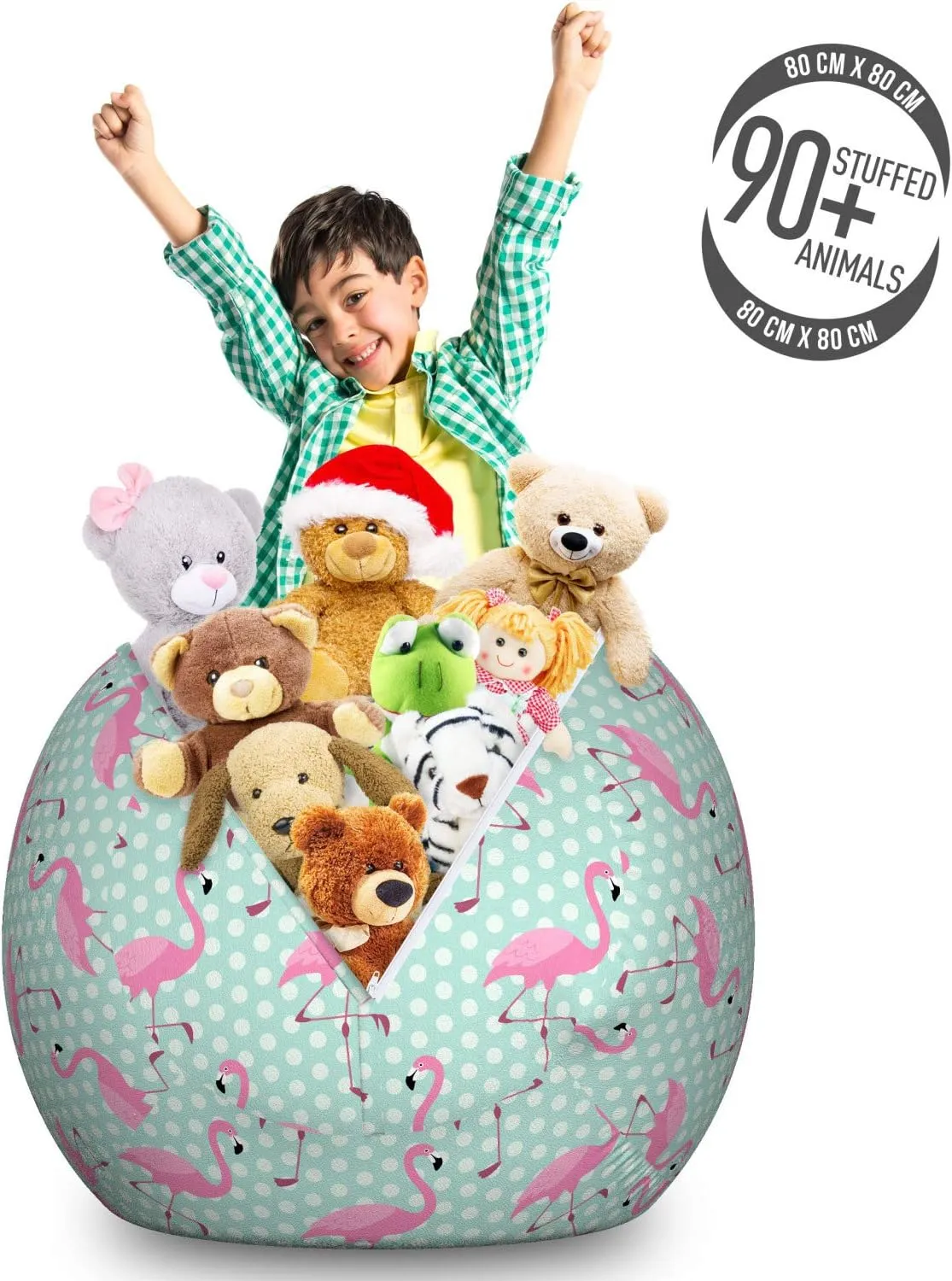Ambesonne Pink Flamingo Storage Toy Bag Chair, Birds of Hawaii Exotic Animals on Polka Dot Backdrop, Stuffed Animal Organizer Washable Bag, Large Size, Mint Green