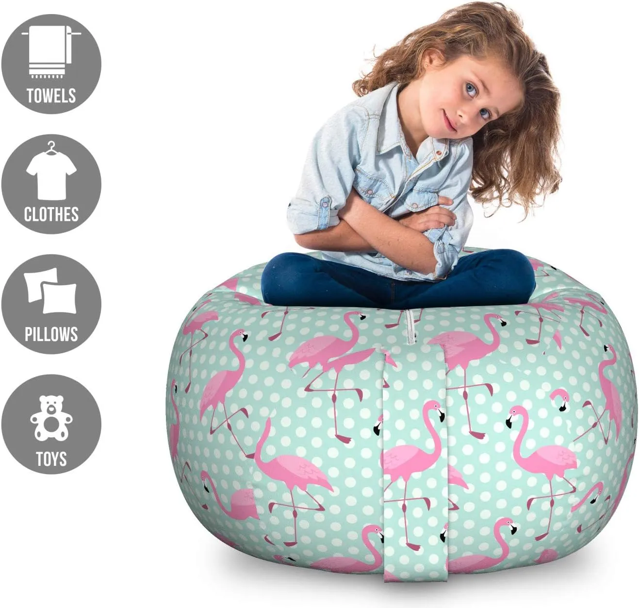 Ambesonne Pink Flamingo Storage Toy Bag Chair, Birds of Hawaii Exotic Animals on Polka Dot Backdrop, Stuffed Animal Organizer Washable Bag, Large Size, Mint Green