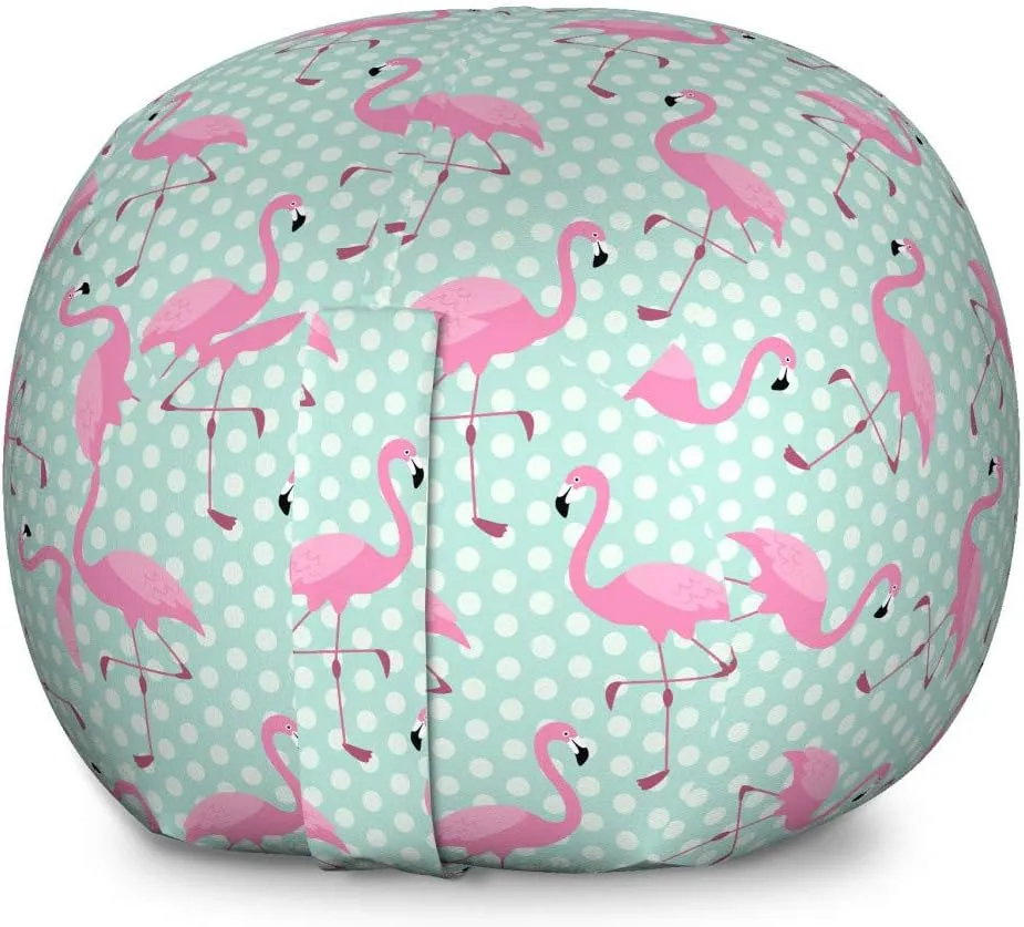 Ambesonne Pink Flamingo Storage Toy Bag Chair, Birds of Hawaii Exotic Animals on Polka Dot Backdrop, Stuffed Animal Organizer Washable Bag, Large Size, Mint Green