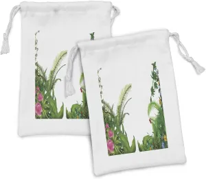 Ambesonne Plant Fabric Pouch Set of 2, Hand Drawn Illustration of Tropical Plants with Assorted Colors Exotic Shrub, Small Drawstring Bag for Toiletries Masks and Favors, 9" x 6", Green Multicolor