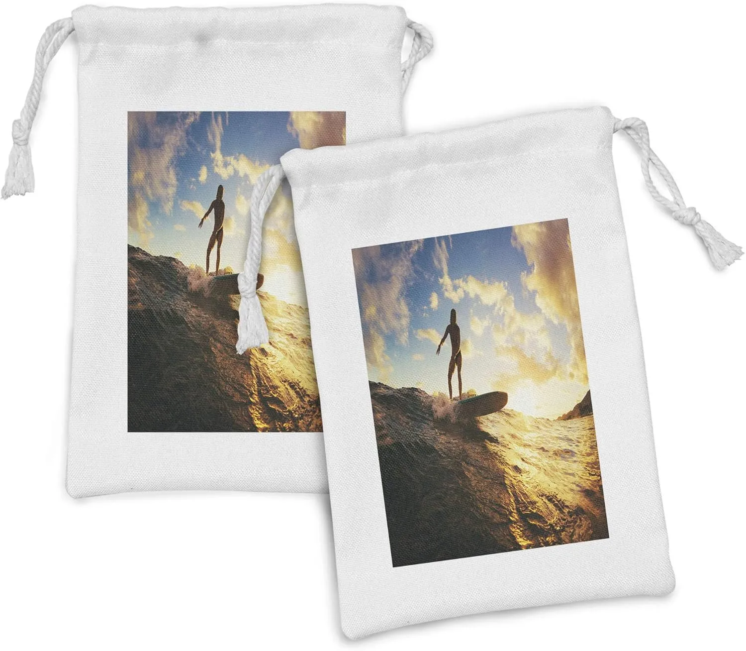 Ambesonne Ride the Wave Fabric Pouch Set of 2, Sunset Surf in the Ocean Young Woman Under Dramatic Sky Exotic Hobby Image, Small Drawstring Bag for Toiletries Masks and Favors, 9" x 6", Sepia Blue