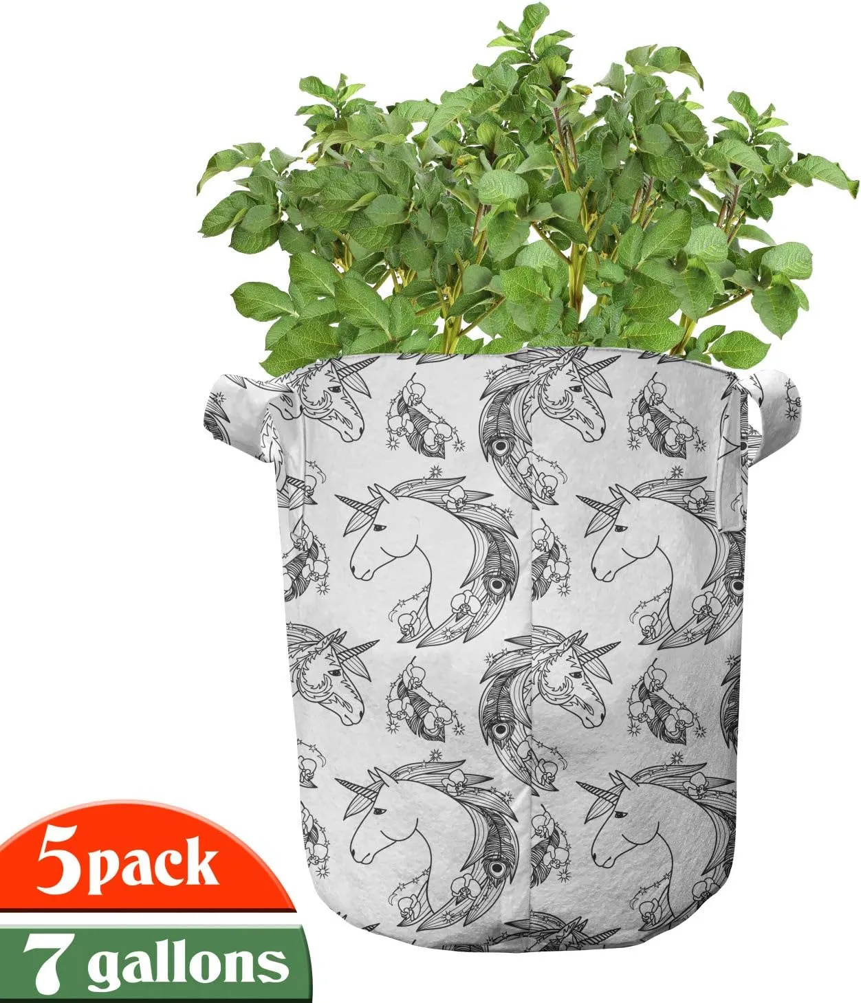 Ambesonne Tattoo Grow Bags 5-Pack, Fictional Unicorn Boho, Heavyduty Fabric Pots with Handles for Plants, 7 Gallon, Black White