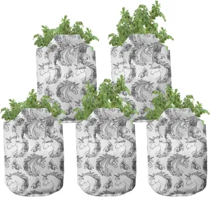 Ambesonne Tattoo Grow Bags 5-Pack, Fictional Unicorn Boho, Heavyduty Fabric Pots with Handles for Plants, 7 Gallon, Black White