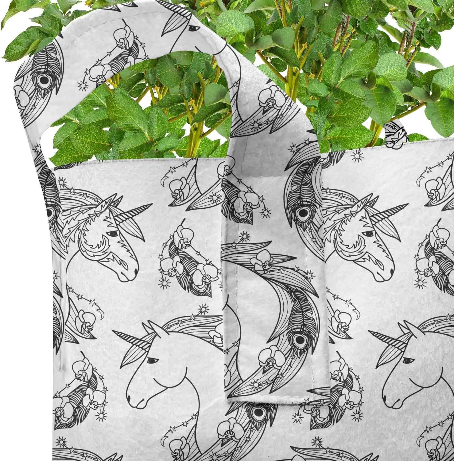 Ambesonne Tattoo Grow Bags 5-Pack, Fictional Unicorn Boho, Heavyduty Fabric Pots with Handles for Plants, 7 Gallon, Black White