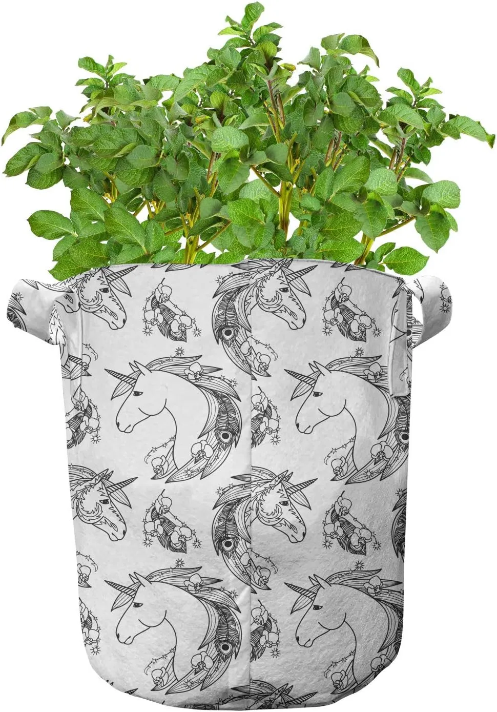 Ambesonne Tattoo Grow Bags 5-Pack, Fictional Unicorn Boho, Heavyduty Fabric Pots with Handles for Plants, 7 Gallon, Black White