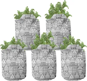 Ambesonne Urban Grow Bags 5-Pack, Dutch Holland City Old House, Heavyduty Fabric Pots with Handles for Plants, 7 Gallon, Charcoal Grey White