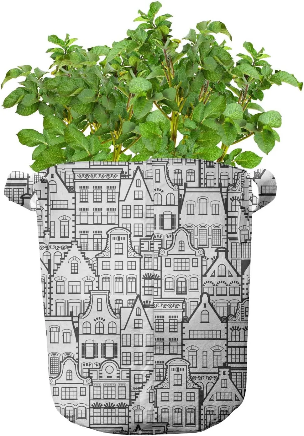 Ambesonne Urban Grow Bags 5-Pack, Dutch Holland City Old House, Heavyduty Fabric Pots with Handles for Plants, 7 Gallon, Charcoal Grey White